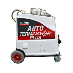 A white industrial floor cleaner machine with red and black branding, featuring two wheels with red rims and a clear top cover, shown on a plain white background.