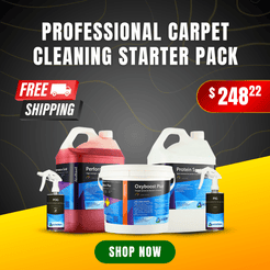Promotional graphic for a Professional Carpet Cleaning Starter Pack, featuring multiple cleaning product containers including a pink jug, a white tub of Oxyboost Plus, a white jug of Protein Solution, and two small PGS bottles, set against a dark gray and yellow background with promotional text and a green 'SHOP NOW' button.