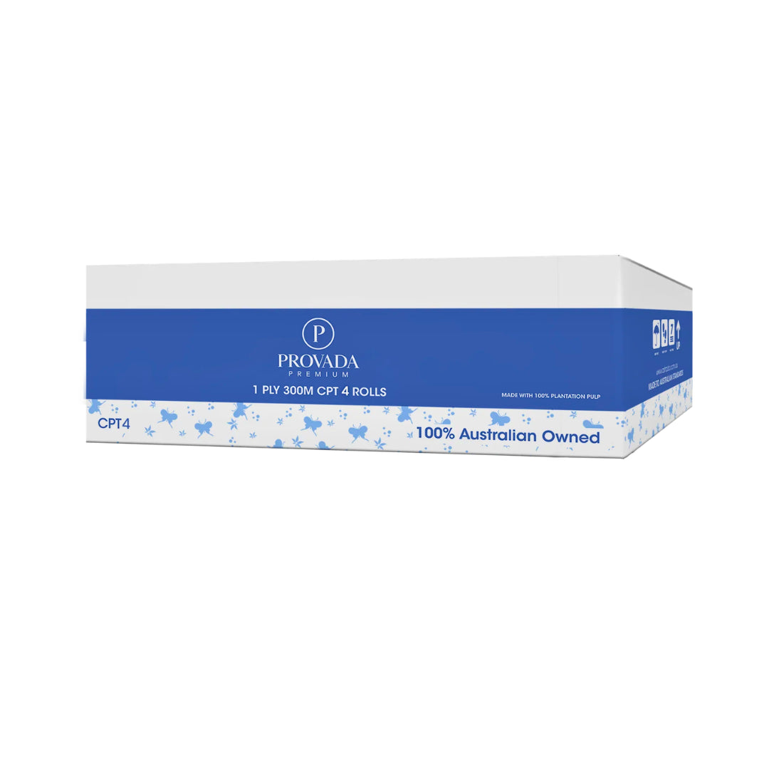 A box of Provada CPT4 300M cotton napkins, featuring a white and blue design with light blue floral patterns on the lower section.