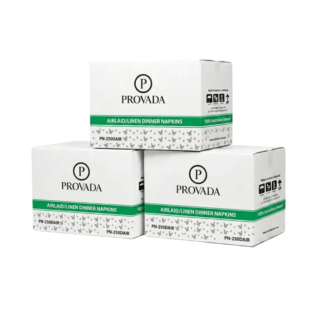 Three boxes of Provada Airbail/Linen Dinner Napkins stacked together on a plain white background.
