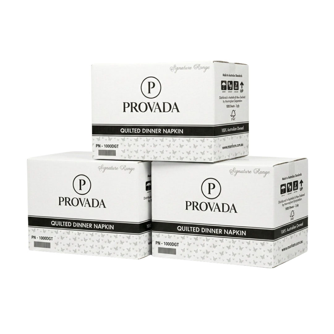 Three boxes of Provada Signature Range Quilted Dinner Napkin stacked together on a plain white background.
