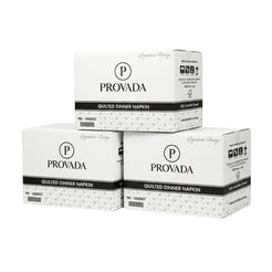 Three boxes of Provada Signature Range Quilted Dinner Napkin stacked together on a plain white background.