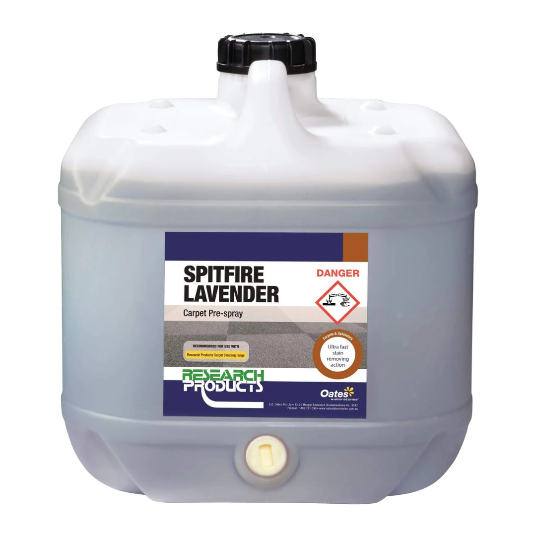 A large translucent white plastic jerrycan with a black screw cap and a front label reading 'SPITFIRE LAVENDER' and 'Research Products Out of Office'.