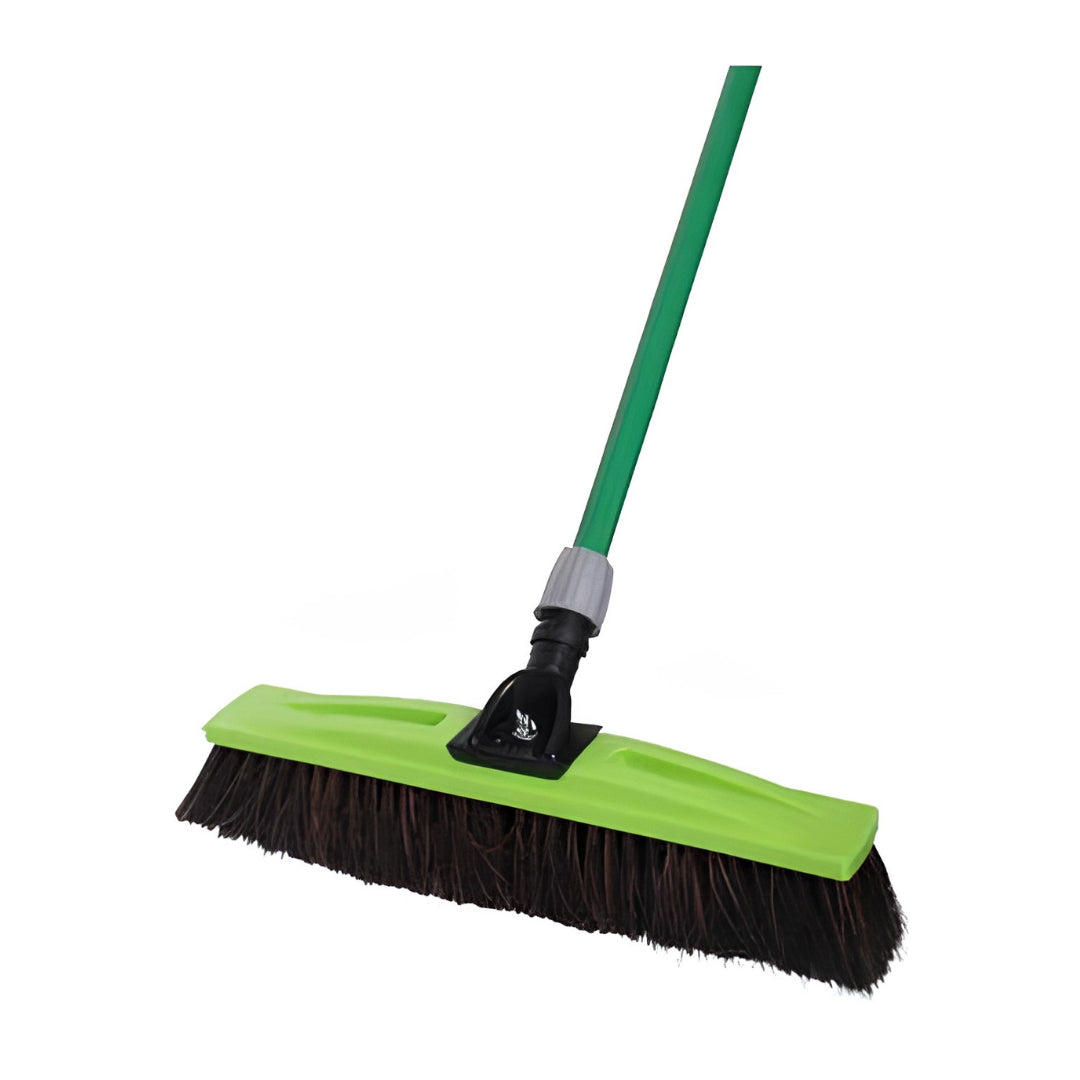 A green push-together broom with a long green handle, black bristles, and a bright green plastic head on a white background.
