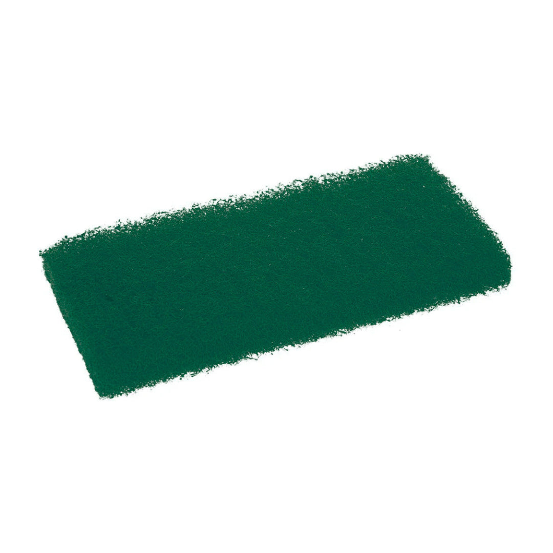 A dark green rectangular scrubber or sponge with a textured, fibrous surface, shown at an angle on a plain white background.