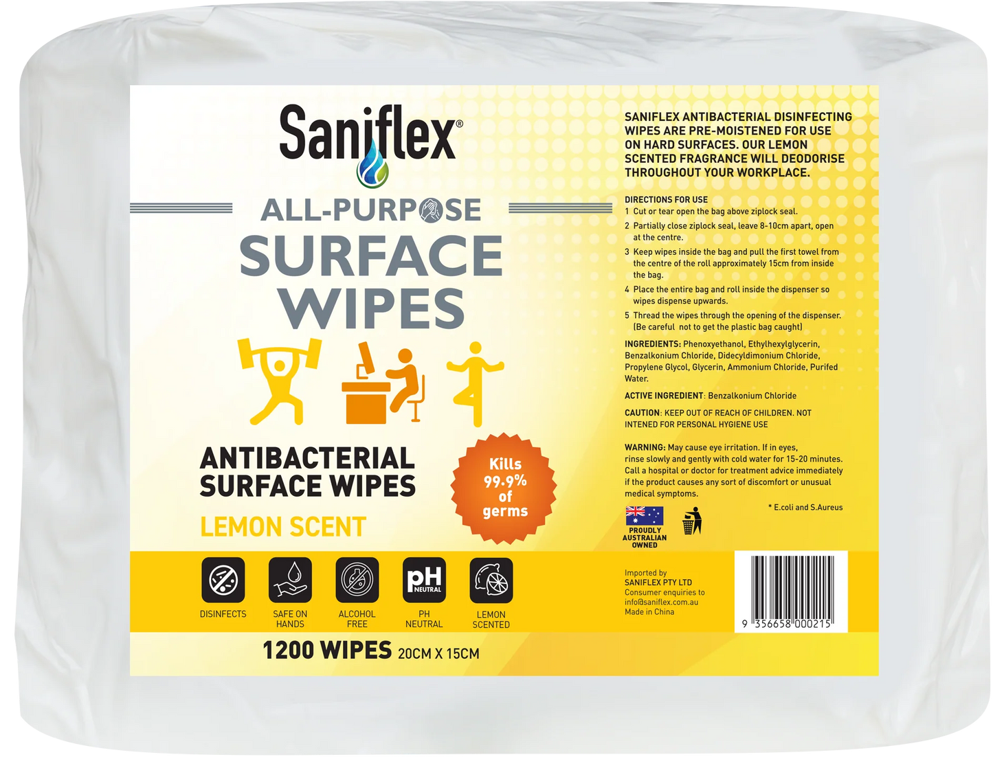 Saniflex All Purpose Antibacterial Surface Wipes 1200 Bag (Carton Of 4 Bags)