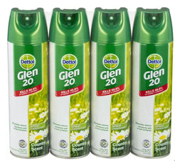 Three cans of Dettol Glen 20 Spray Disinfectant with Country Scent. Each can is predominantly green and white with images of flowers and the product name prominently displayed.
