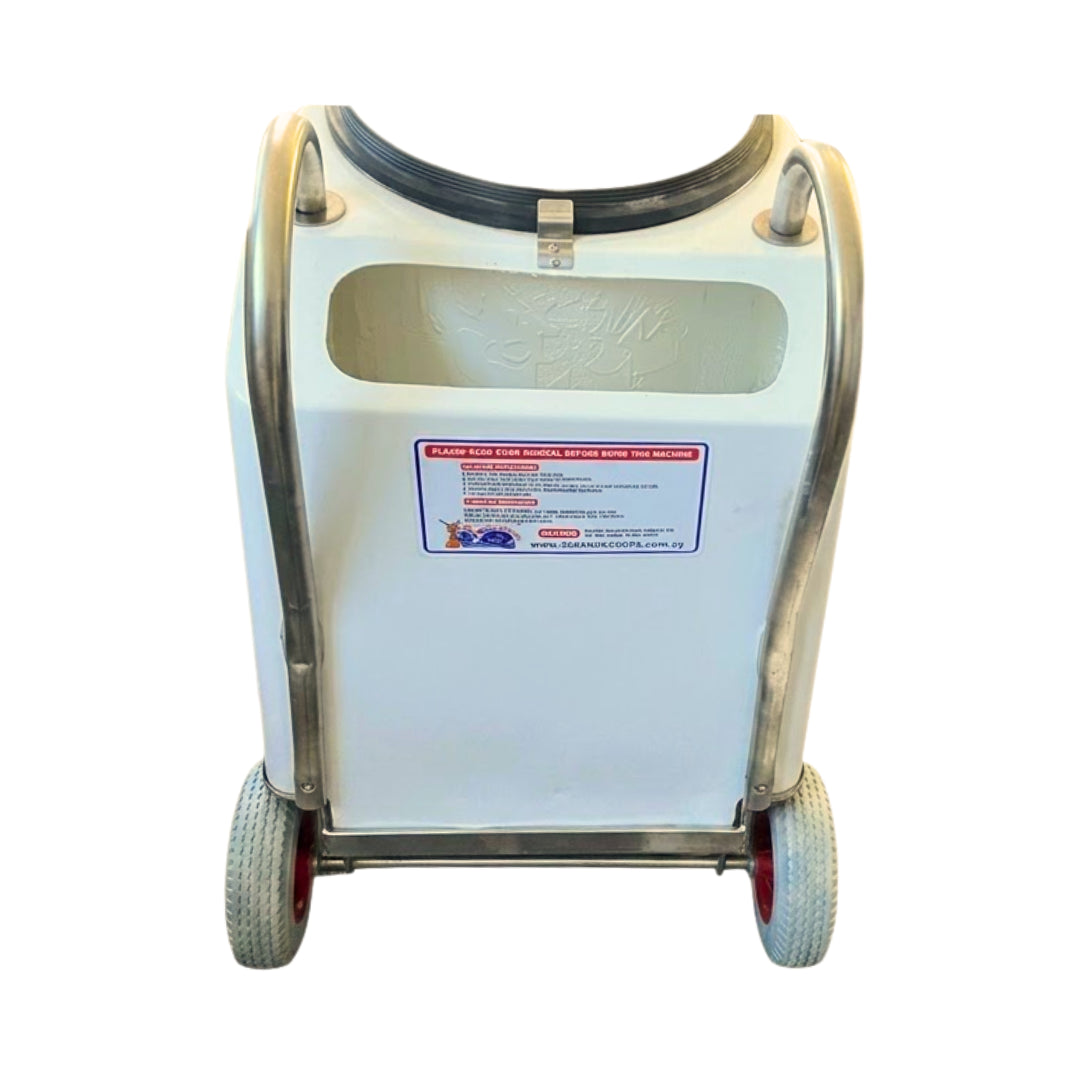 A white plastic utility cart with a curved stainless steel frame, dual gray wheels with red rims, and a black rubber top rim, shown against a plain white background.