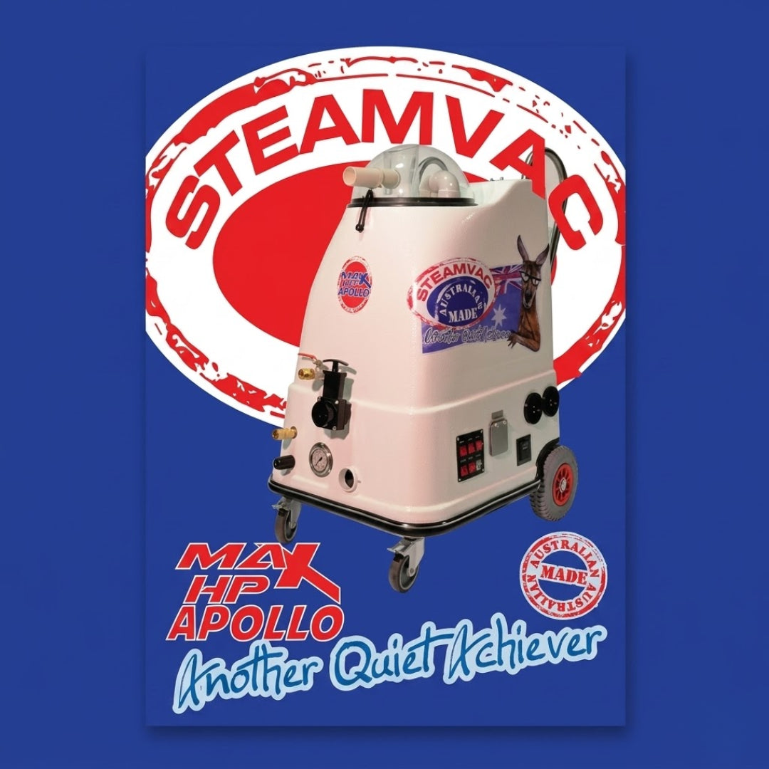 A product graphic for the MAX APOLLO Steamvac Quiet Achiever, showing a cream-colored steam cleaning machine with red and black accents, set against a dark blue background with a large red and white 'STEAMVAC' stamp graphic.