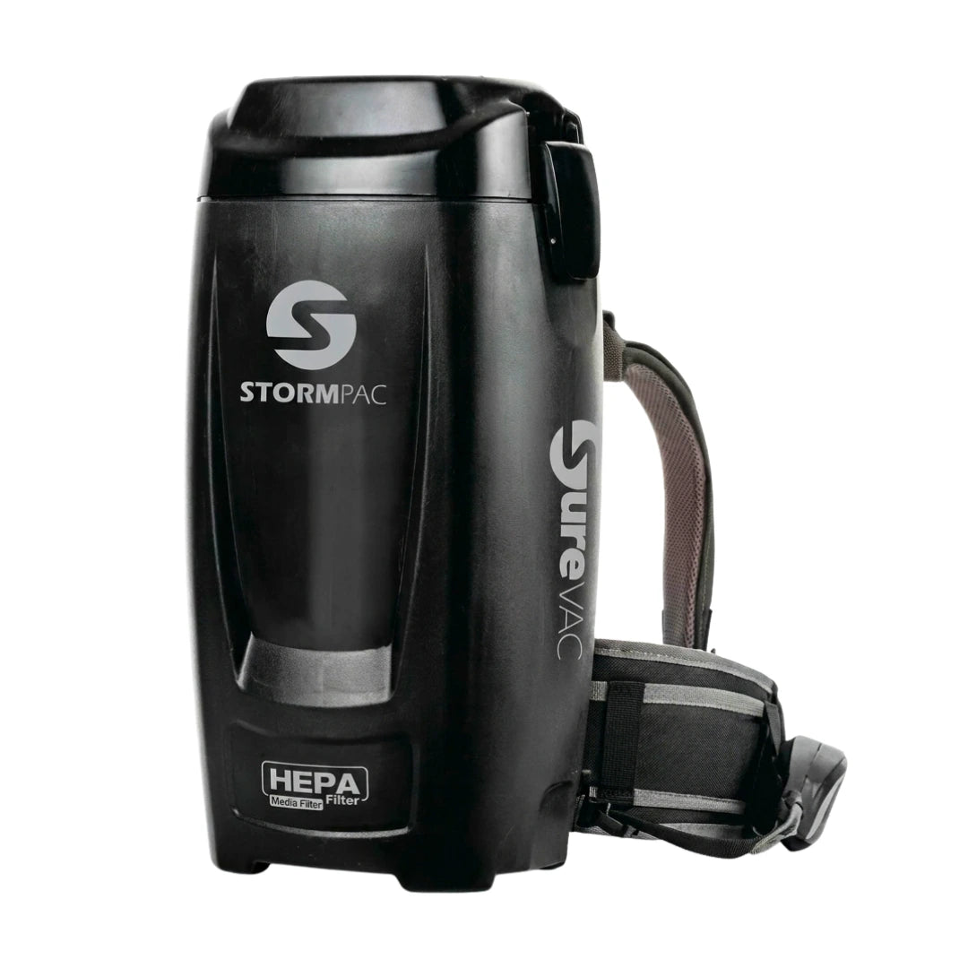 Black SureVac StormPac HEPA vacuum cleaner with a shoulder strap, shown on a plain white background.