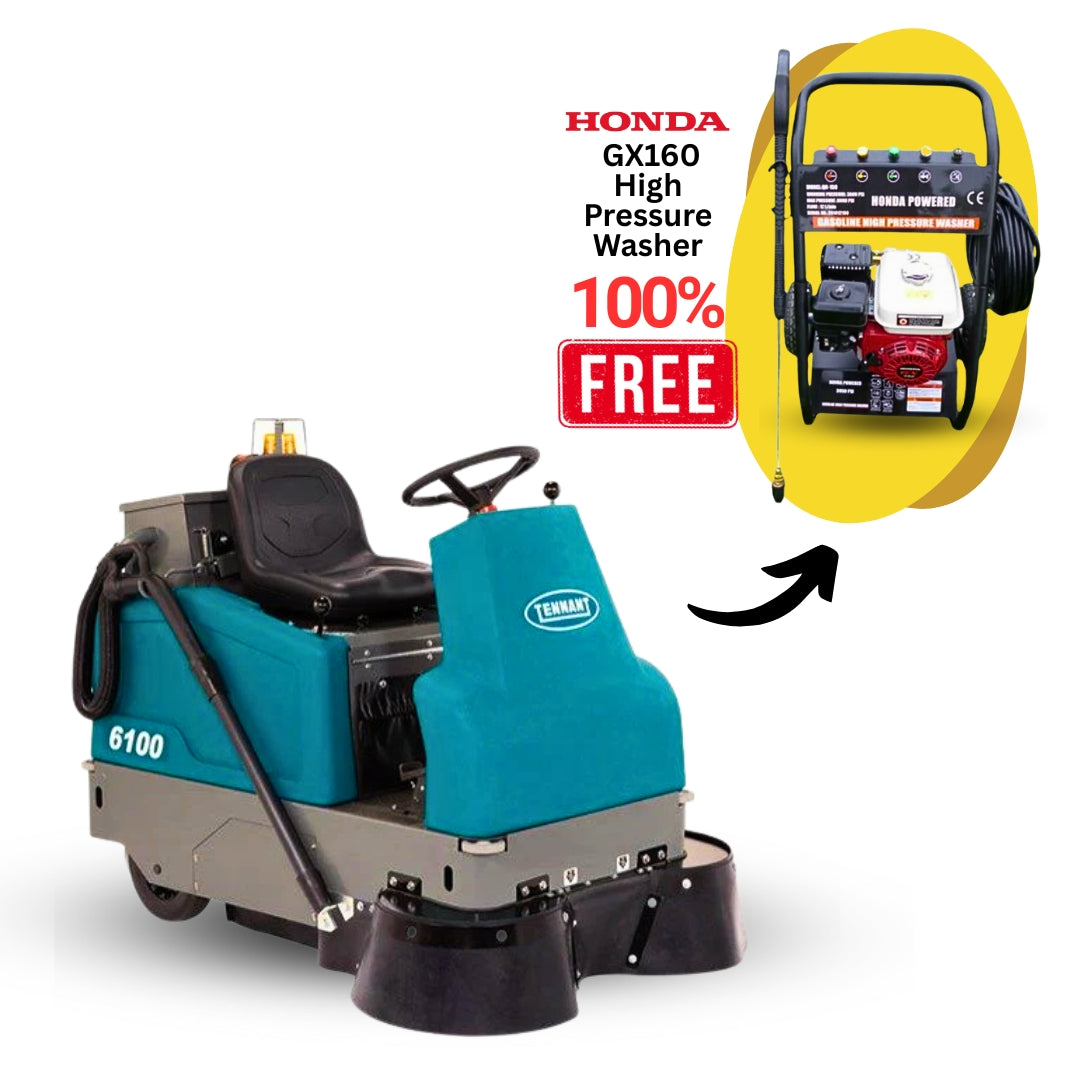 Tennant 6100 Sub-Compact Battery Ride-On Floor Sweeper + Free Honda GX160 High Pressure Washer
