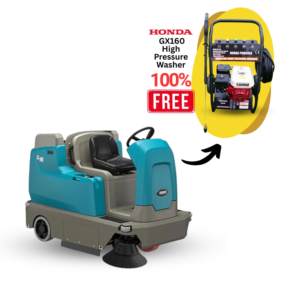 Tennant S16 Battery-Powered Compact Ride-On Sweeper + Free Honda GX160 High Pressure Washer