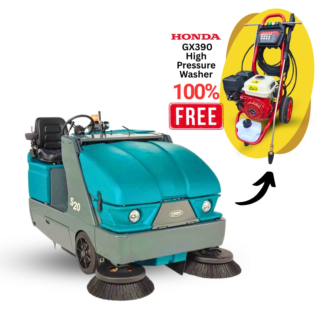 Tennant S20 Compact Ride-On Sweeper + Free Black Jet Honda Powered GX390 Petrol High Pressure Washer