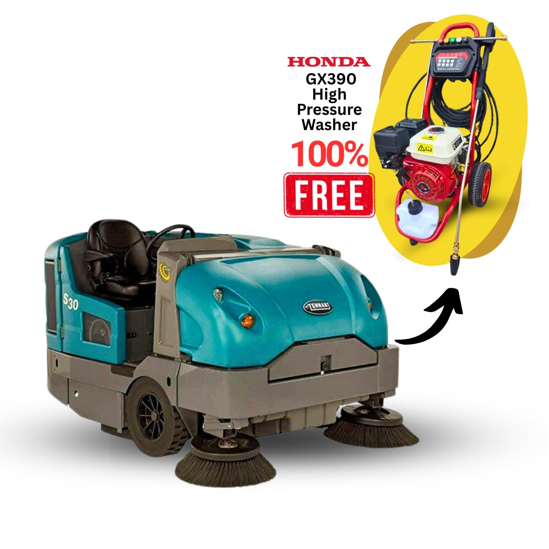 Tennant S30 Ride-On Sweeper + Free Black Jet Honda Powered GX390 Petrol High Pressure Washer
