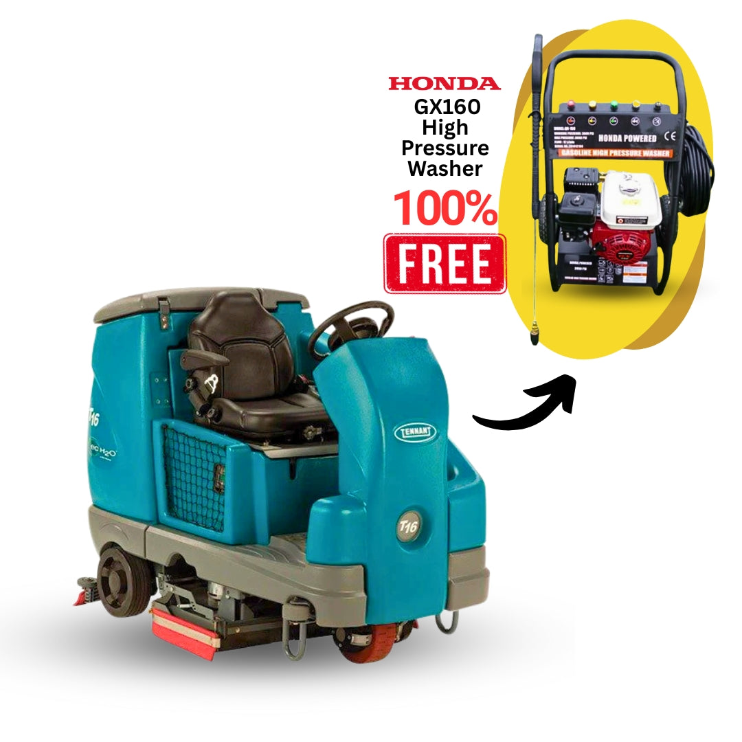 Tennant T16 Battery Ride-On Floor Scrubber + Free Honda GX160 High Pressure Washer