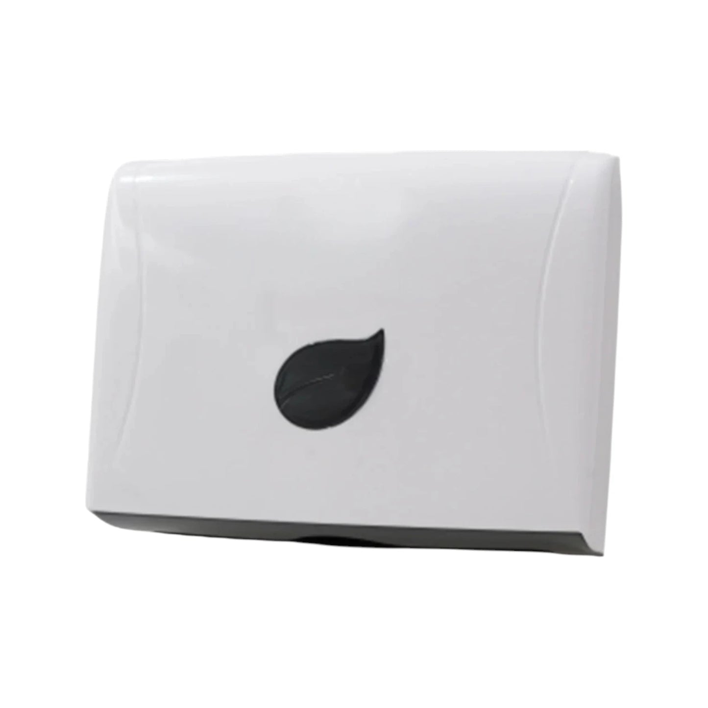 A white wall-mounted dispenser with a glossy finish and a black leaf-shaped cutout in the center, shown against a plain white background.