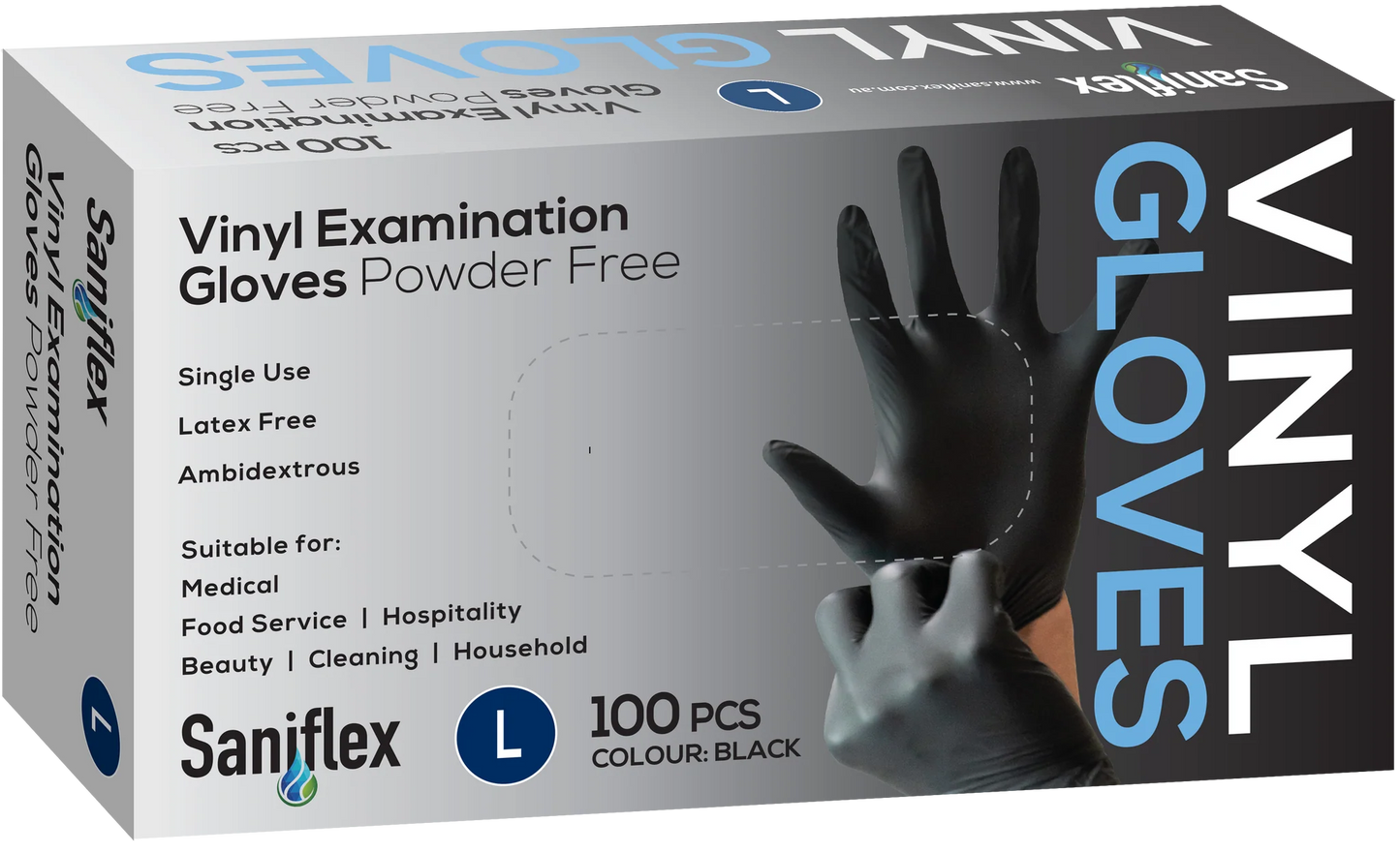 Saniflex Disposable Vinyl Gloves Powder Free - Black - 100 Pack Large