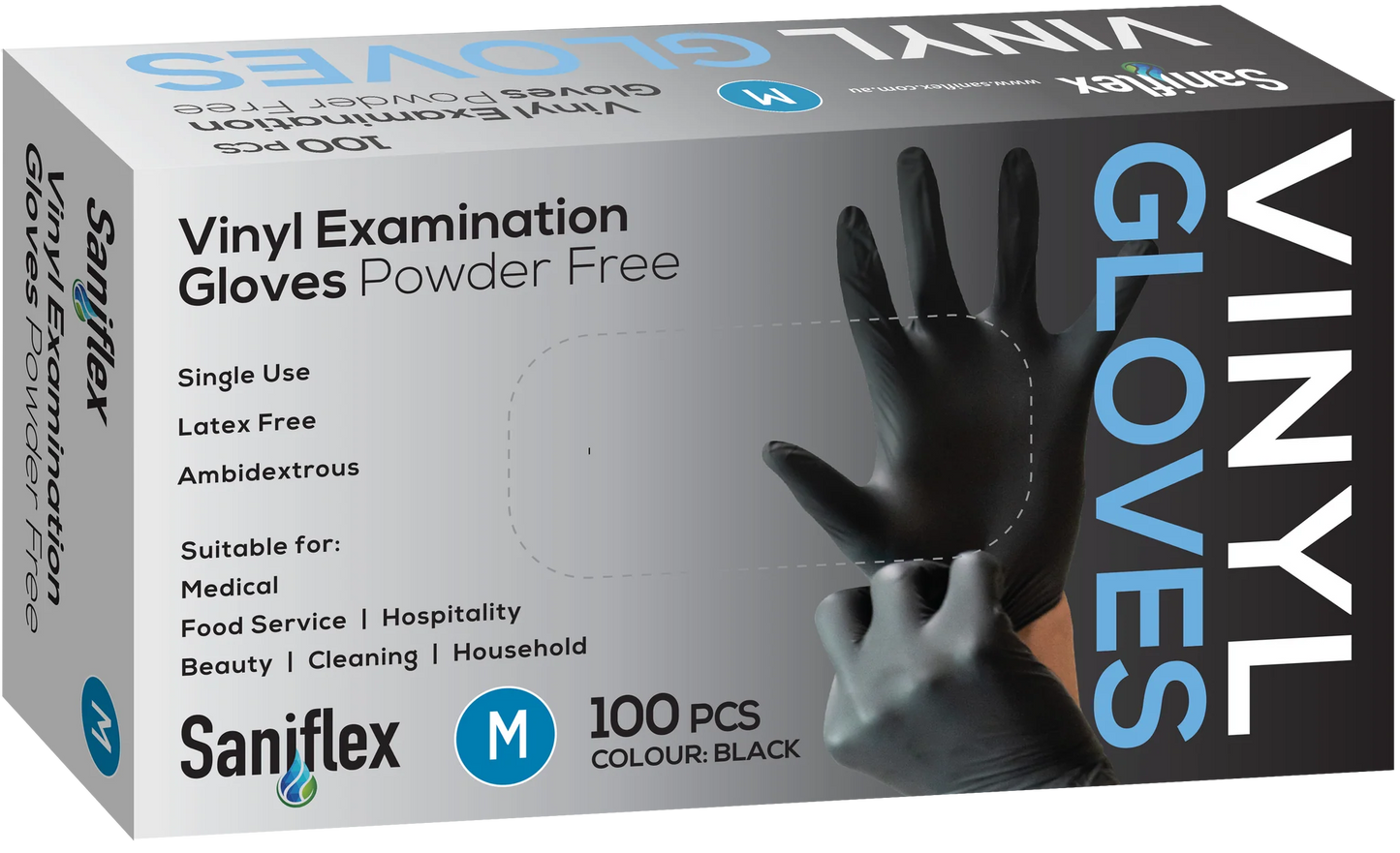 Saniflex Disposable Vinyl Gloves Powder Free - Black - 100 Pack Medium