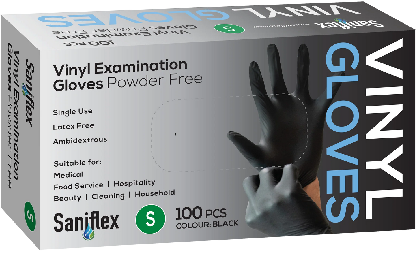 Saniflex Disposable Vinyl Gloves Powder Free - Black - 100 Pack Small