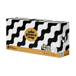 A box of 'who gives a crap' brand 8-count double length toilet paper on a plain white background.