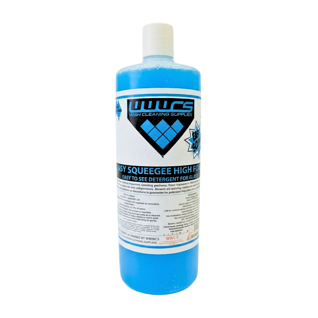 A bottle of WWC's Easy Squeegee High Force cleaning detergent, filled with bright blue liquid and featuring a white cap and a white label with blue and black branding.