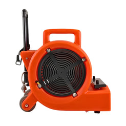 An orange and black cordless leaf blower shown from a side-rear angle on a plain white background.
