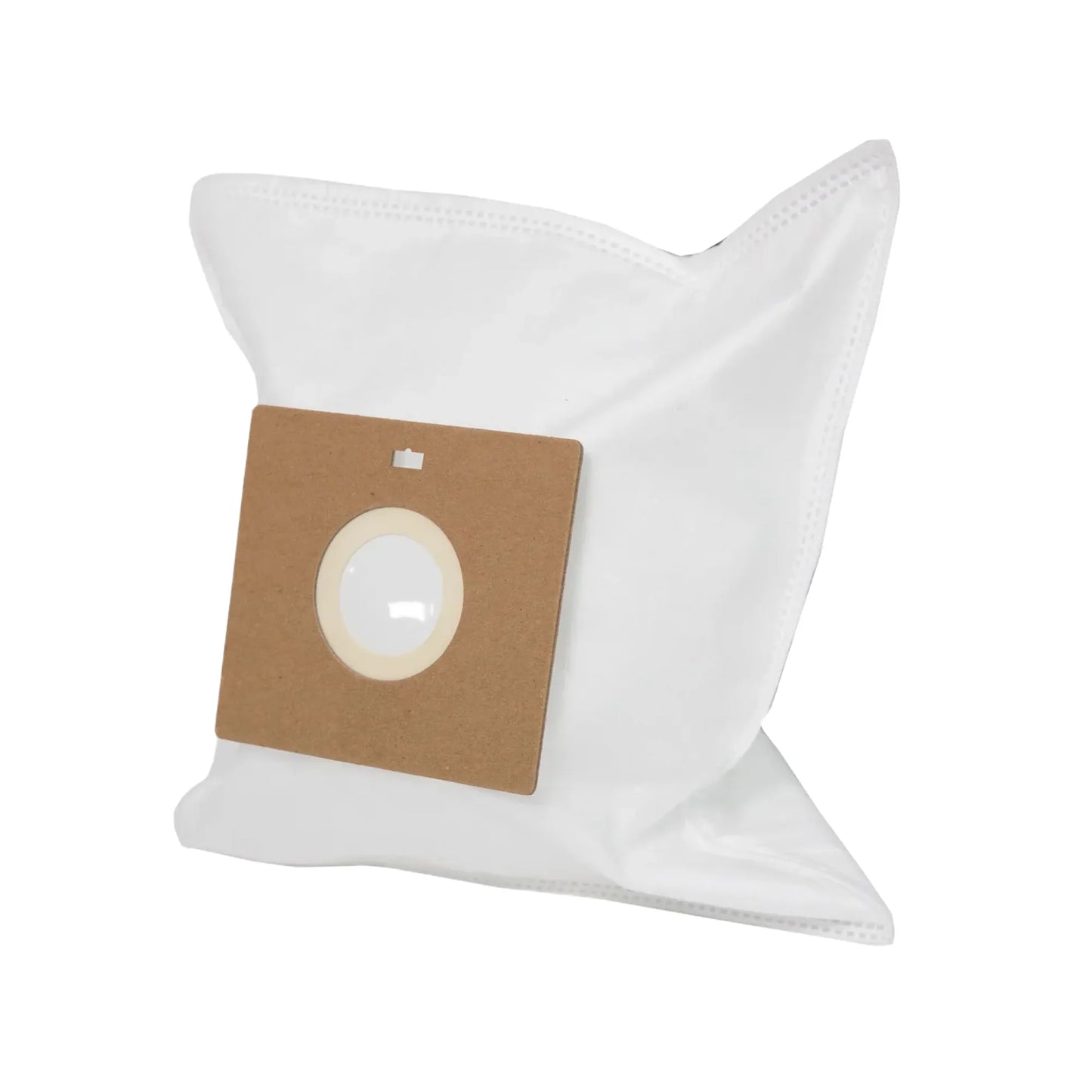 A white disposable vacuum dust bag with a brown cardboard filter insert, shown on a plain white background.