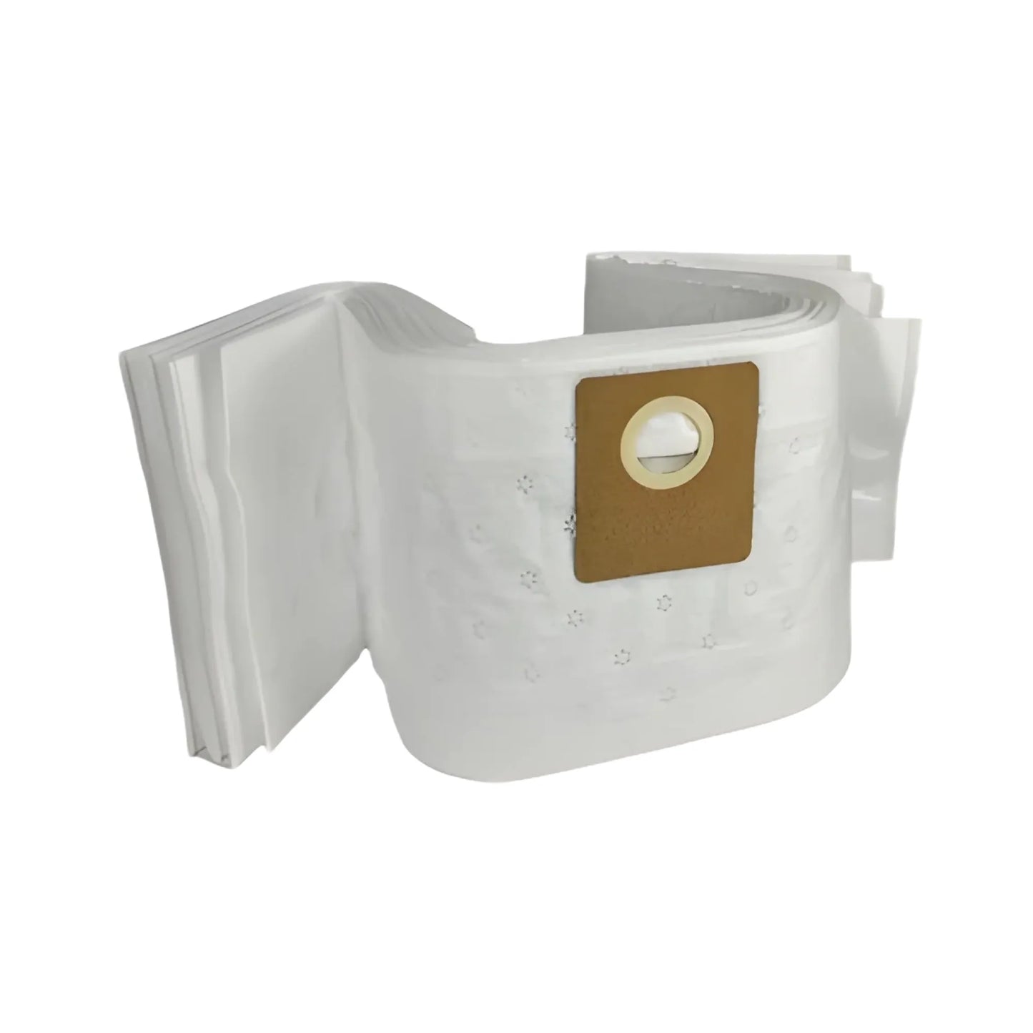 A pack of white disposable vacuum cleaner filter bags with a brown paper gasket and circular opening, shown on a plain white background.