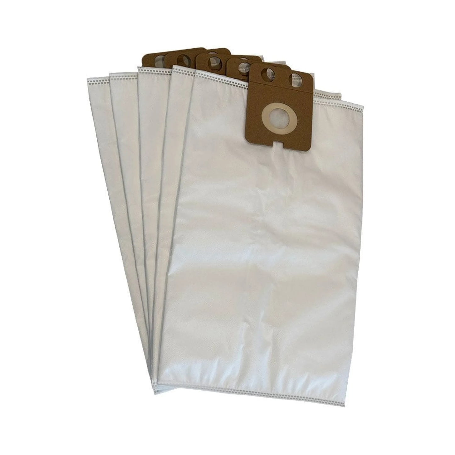 Four white plastic vacuum cleaner bags with brown cardboard filter attachments, fanned out on a plain white background.