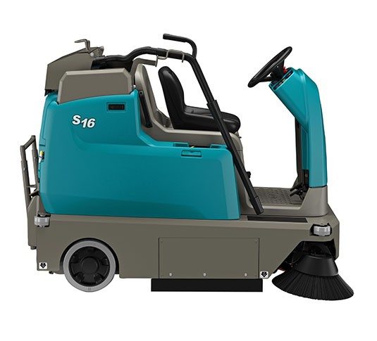 Tennant S16 Battery-Powered Compact Ride-On Sweeper + Free Honda GX160 High Pressure Washer