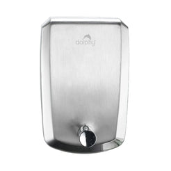 A stainless steel wall-mounted soap dispenser with a brushed metal finish, featuring the 'dolphy' brand logo near the top and a chrome-finished foot switch at the bottom, set against a plain white background.
