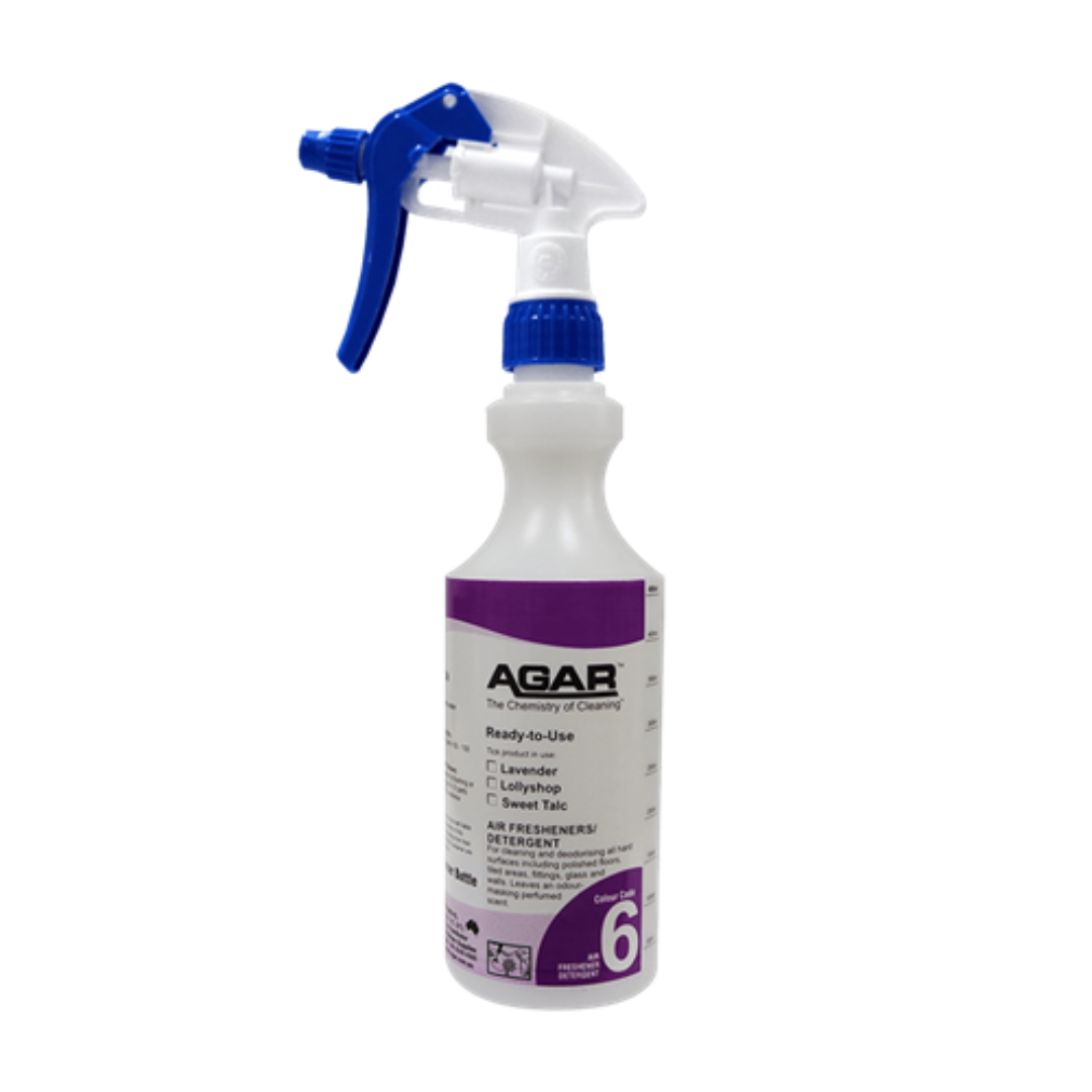 Spray bottle with blue nozzle and purple label on a white background