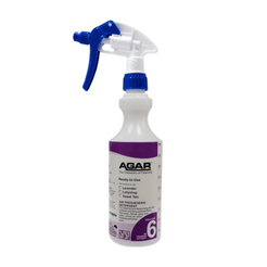 Spray bottle with blue nozzle and purple label on a white background