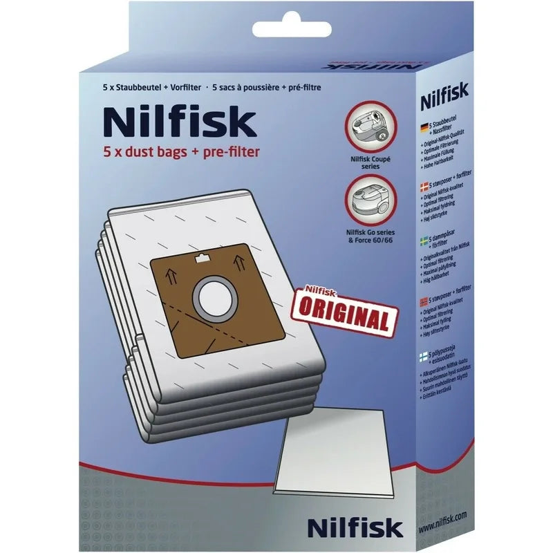 Genuine Nilfisk Coupe Vacuum Bags x 5 + Pre- Filter