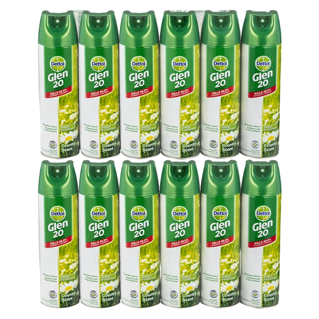 Three cans of Dettol Glen 20 Spray Disinfectant with Country Scent. Each can is predominantly green and white with images of flowers and the product name prominently displayed.