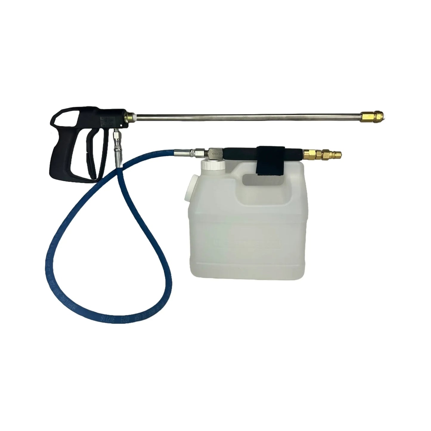 A pressure washer attachment kit featuring a black spray gun with a long metal wand, a blue hose, and a translucent white plastic container with brass fittings, shown on a plain white background.