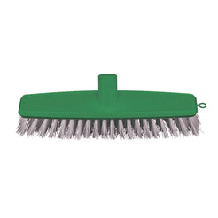 A green plastic push broom head with gray nylon bristles, shown from a side profile view against a plain white background.