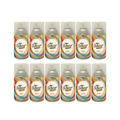 Twelve aerosol spray cans of Oster air freshener arranged in two rows of six on a plain white background.