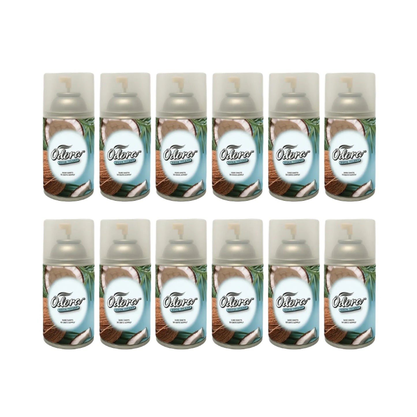Twelve O'twizer air freshener spray cans arranged in two rows of six on a plain white background. The cans feature a tropical coconut and palm leaf design with a light blue gradient label.