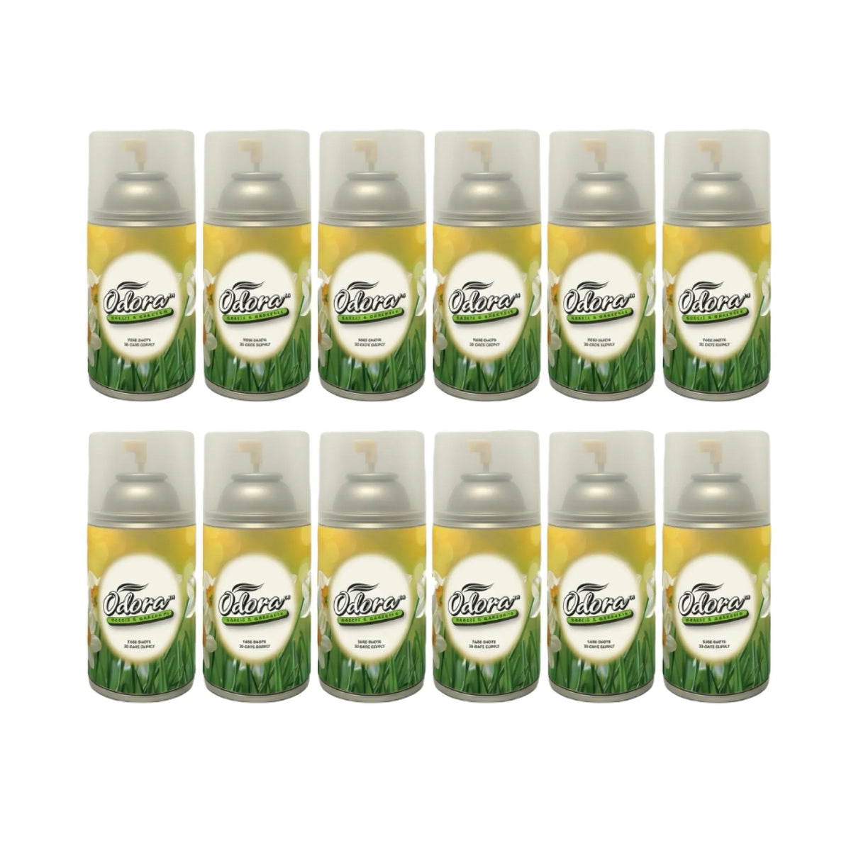 Twelve Osterwer air freshener spray cans arranged in two rows of six on a plain white background. The cans have yellow and green labels with white daisy illustrations and silver caps under translucent white tops.