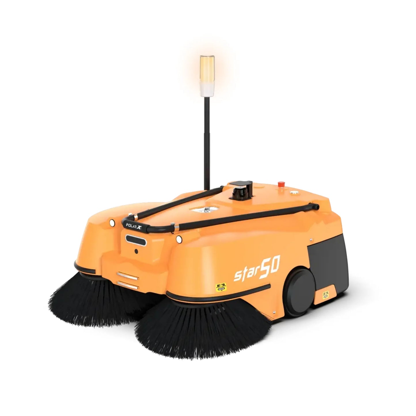 An orange and black autonomous robotic sweeper, branded 'star50' and 'MAZE', shown on a clean white background. The robot features two large black sweeping brushes at the front, a black vertical mast with a glowing amber light, and black wheels.