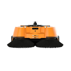 An orange robotic floor cleaner shown from the front, featuring two large black rotating bristle brushes and a black top-mounted cleaning head, isolated on a white background.