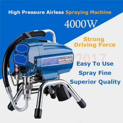 High pressure airless spraying machine with features highlighted on a blue and white background
