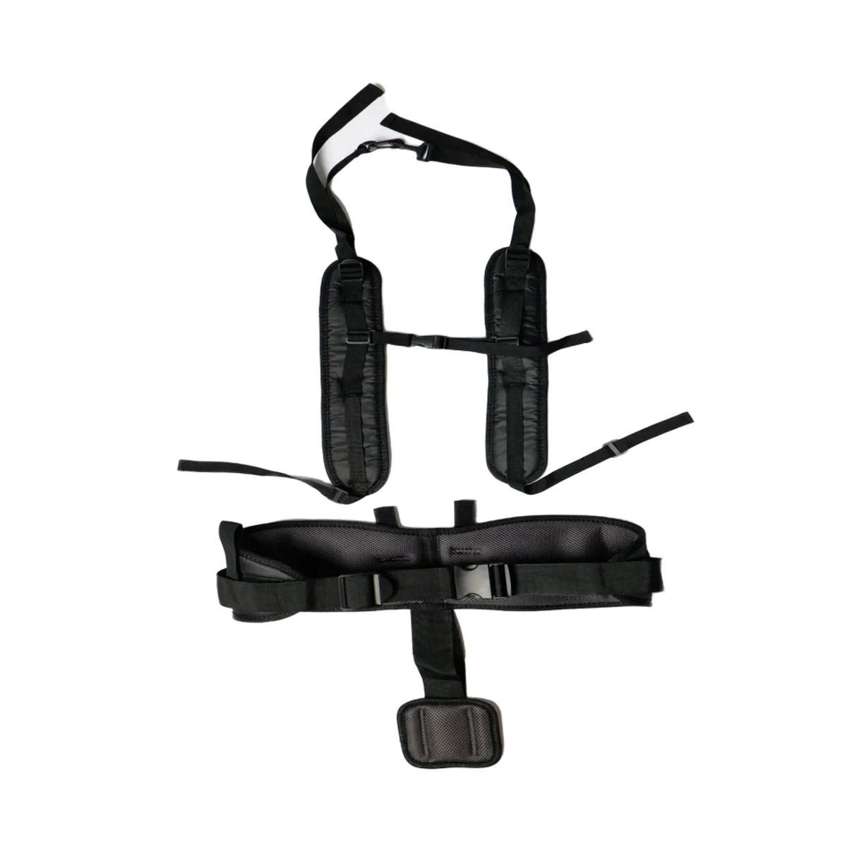 Black padded shoulder harness and waist belt set with adjustable straps and plastic buckles, shown on a plain white background.