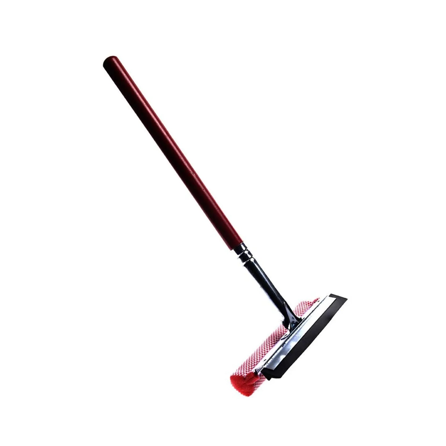 A window squeegee with a metallic dark red handle, black rubberized head, and red bristles, shown against a solid white background.