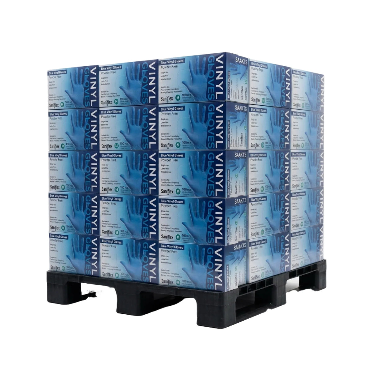 A black plastic pallet stacked with multiple boxes of Safety 450 single-use vinyl gloves, shown on a plain white background.
