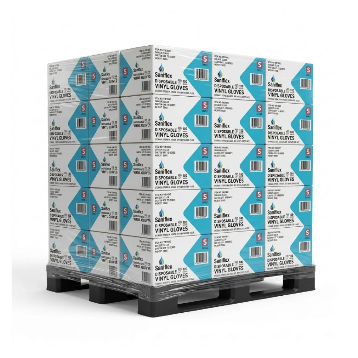A pallet stacked with boxes of Saniflex Disposable Vinyl Gloves, size S, shown on a clean white background.