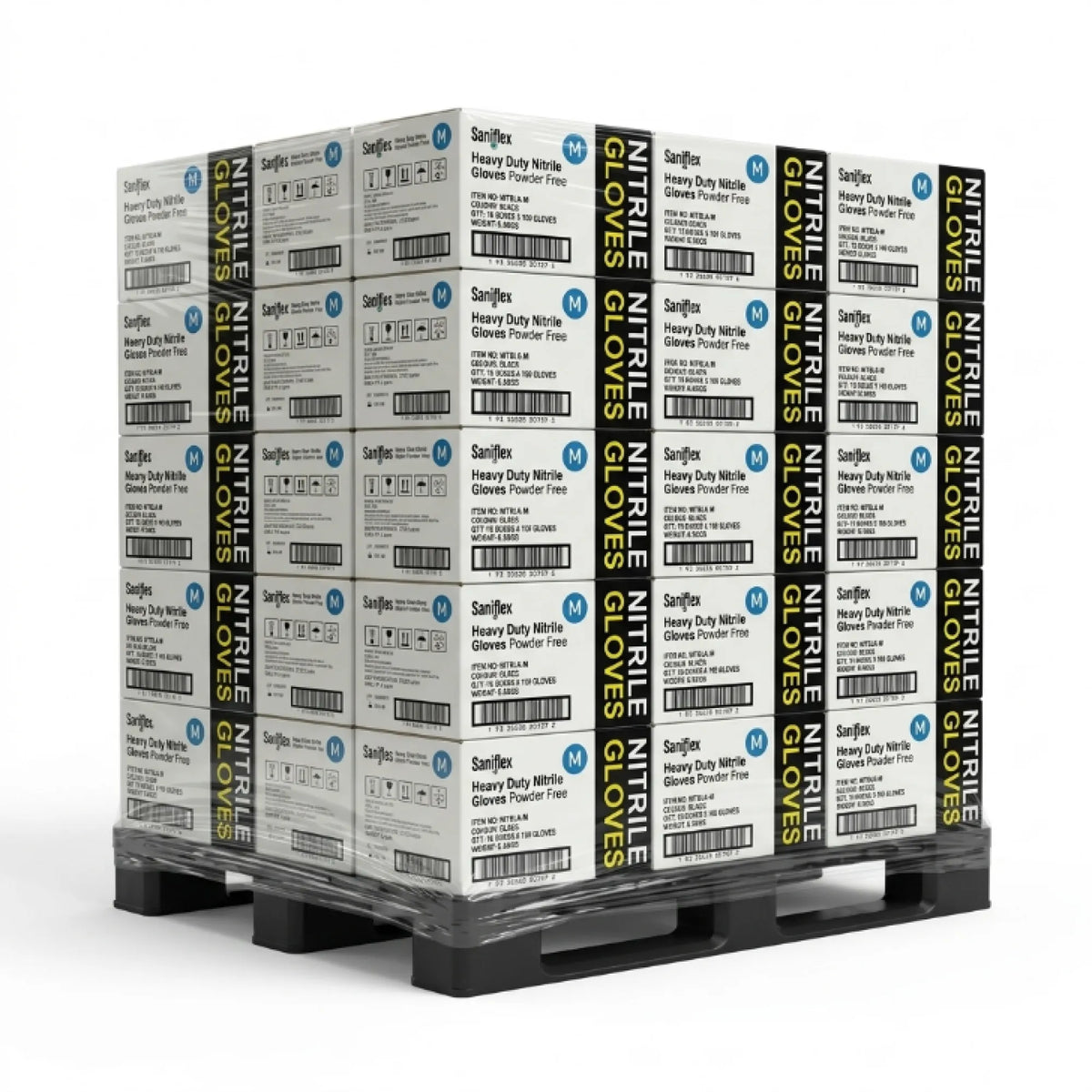 A pallet stacked with boxes of SanJin Nitrile Gloves, showing multiple packages arranged in a grid on a black plastic pallet against a white background.