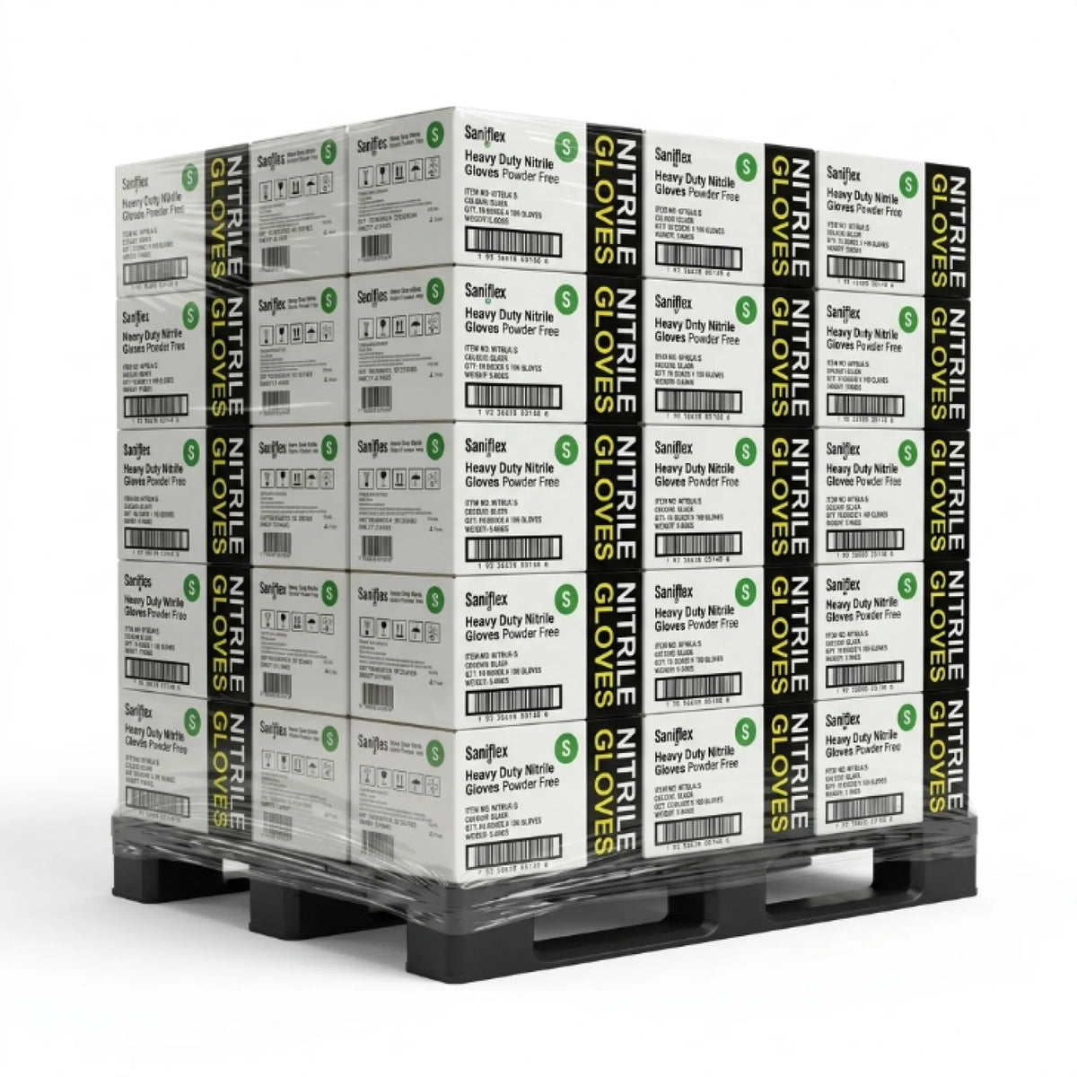 A pallet stacked with boxes of SanJin Nitrile Gloves, showing multiple packages arranged in a grid on a black plastic pallet against a white background.