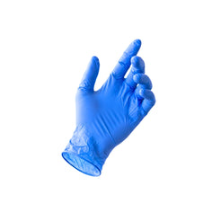 A single blue disposable nitrile glove shown on a hand, isolated against a solid white background.